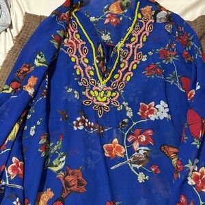 Blue Floral Embroidered V-Neck Swim Coverup Tunic